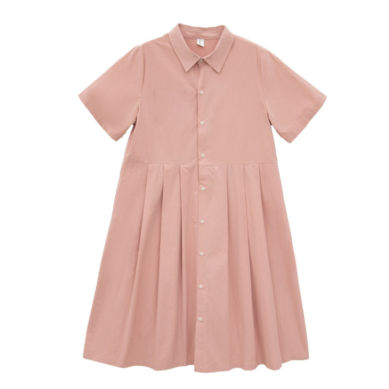 ロングワンピース シャツ 半袖襟付きボタン前開きふんわりロングワンピース