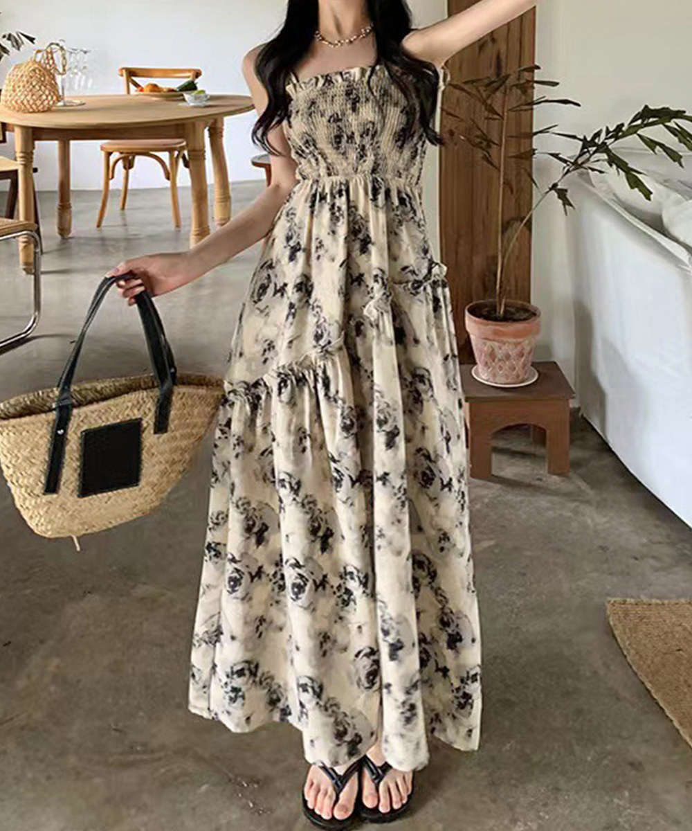 花柄キャミロングワンピース胸元シャーリング