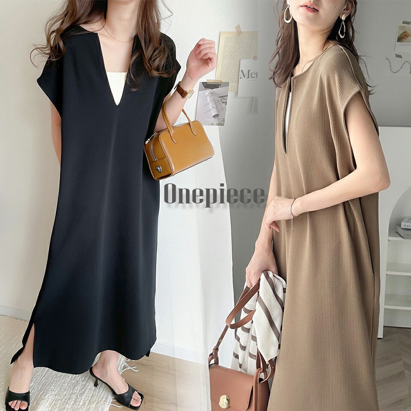 ロングワンピース 新作レディースマキシワンピース深襟半袖サイド切り替え
