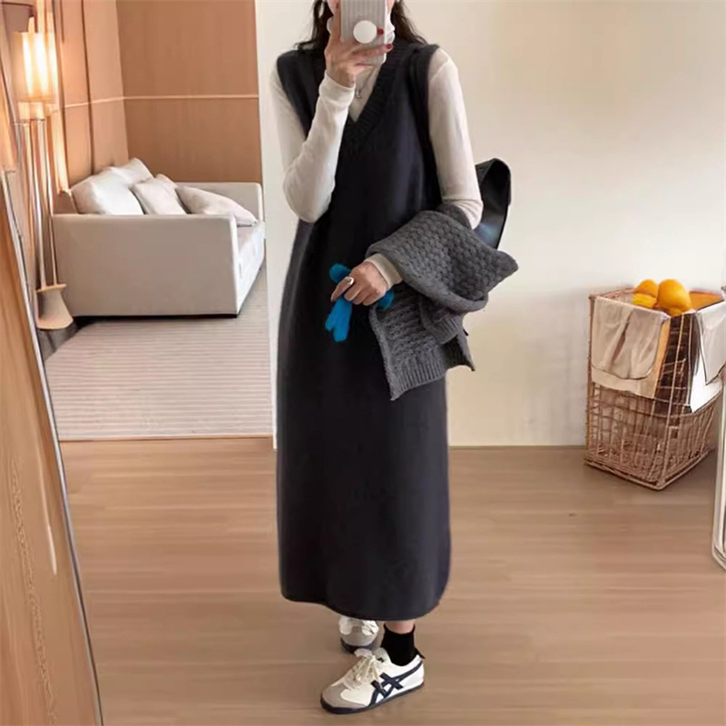ロングワンピース シンプル上品ニットベストワンピース