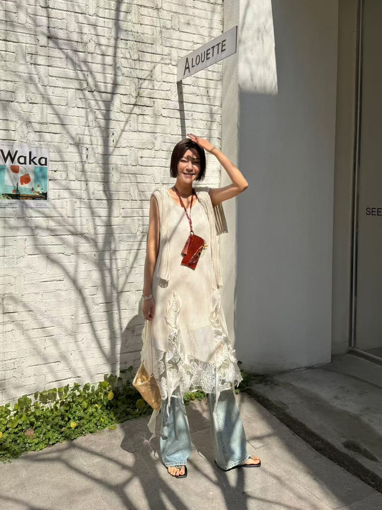 ロングワンピース レース 透かし編みフローラルレースワンピース
