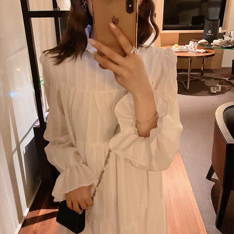 ロングワンピース シャツ ティアードフリル襟リボン袖シャツワンピース