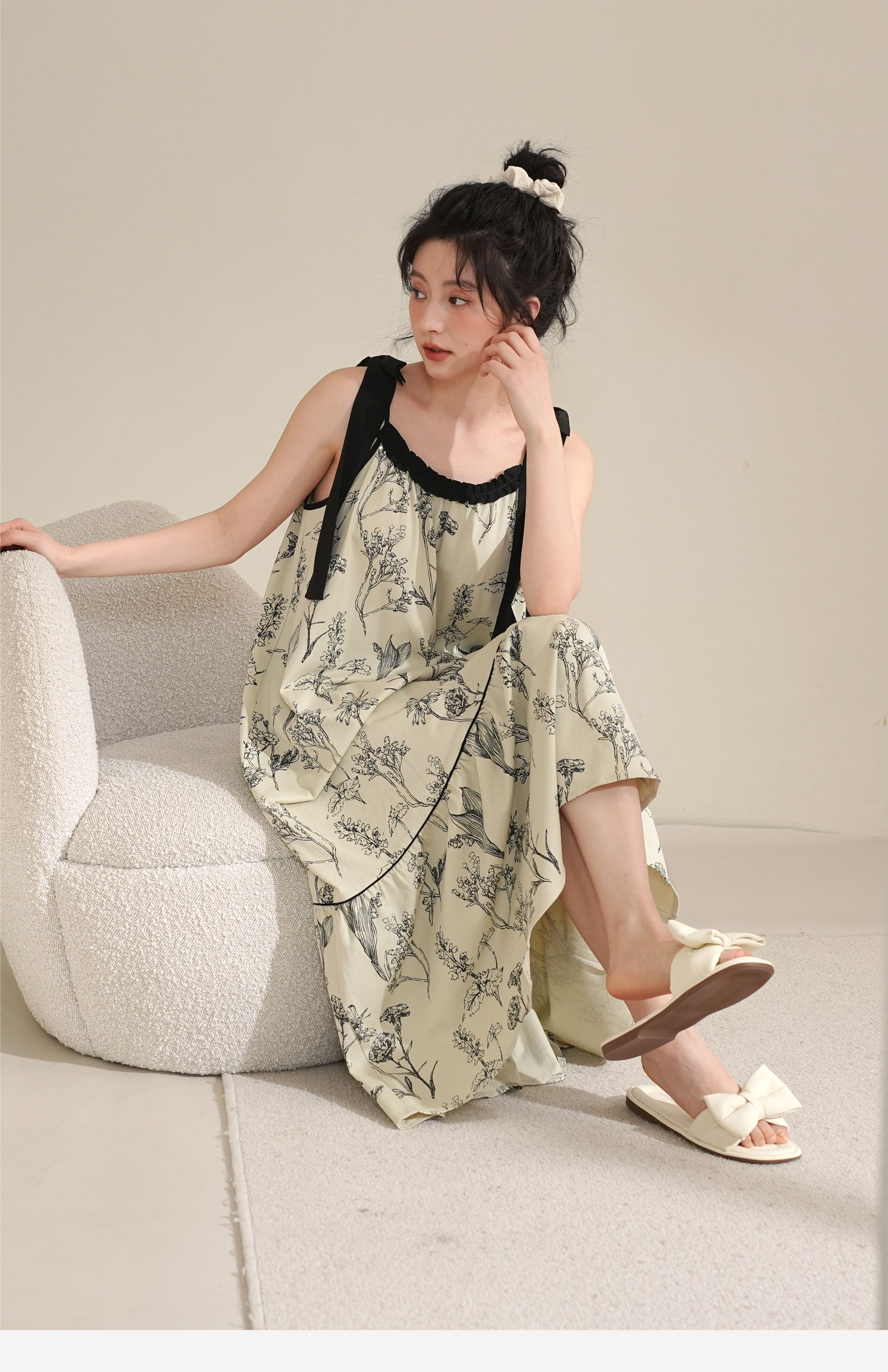 ロングワンピース キャミ 花柄リボンストラップ付きキャミソールワンピース