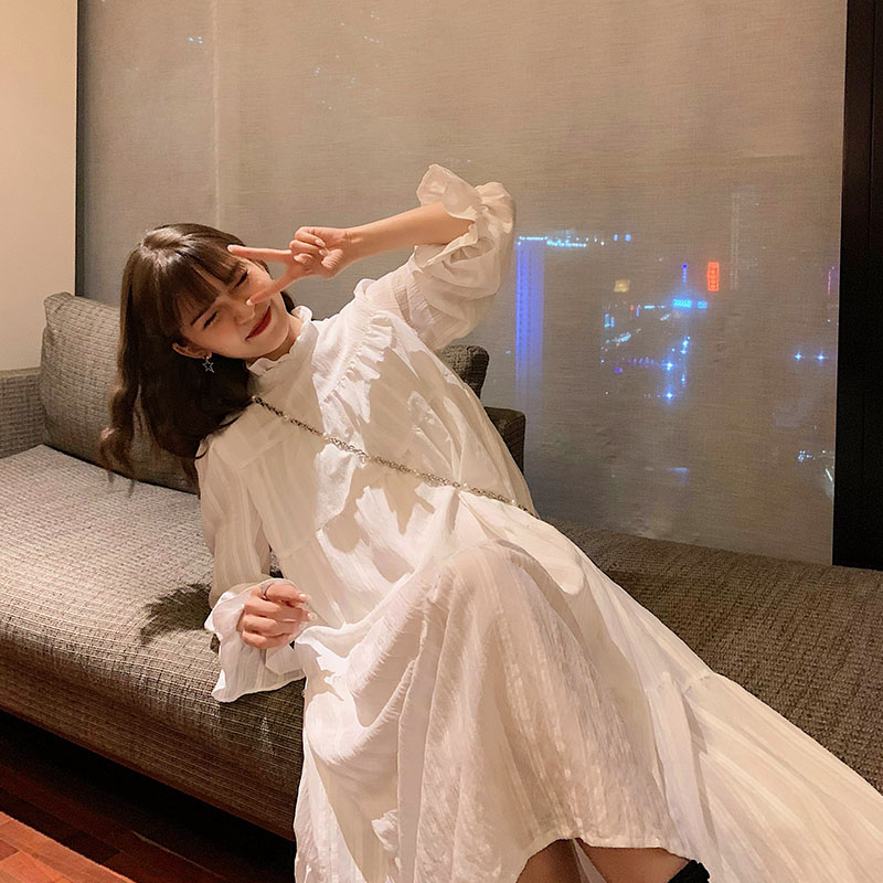 ロングワンピース シャツ ティアードフリル襟リボン袖シャツワンピース