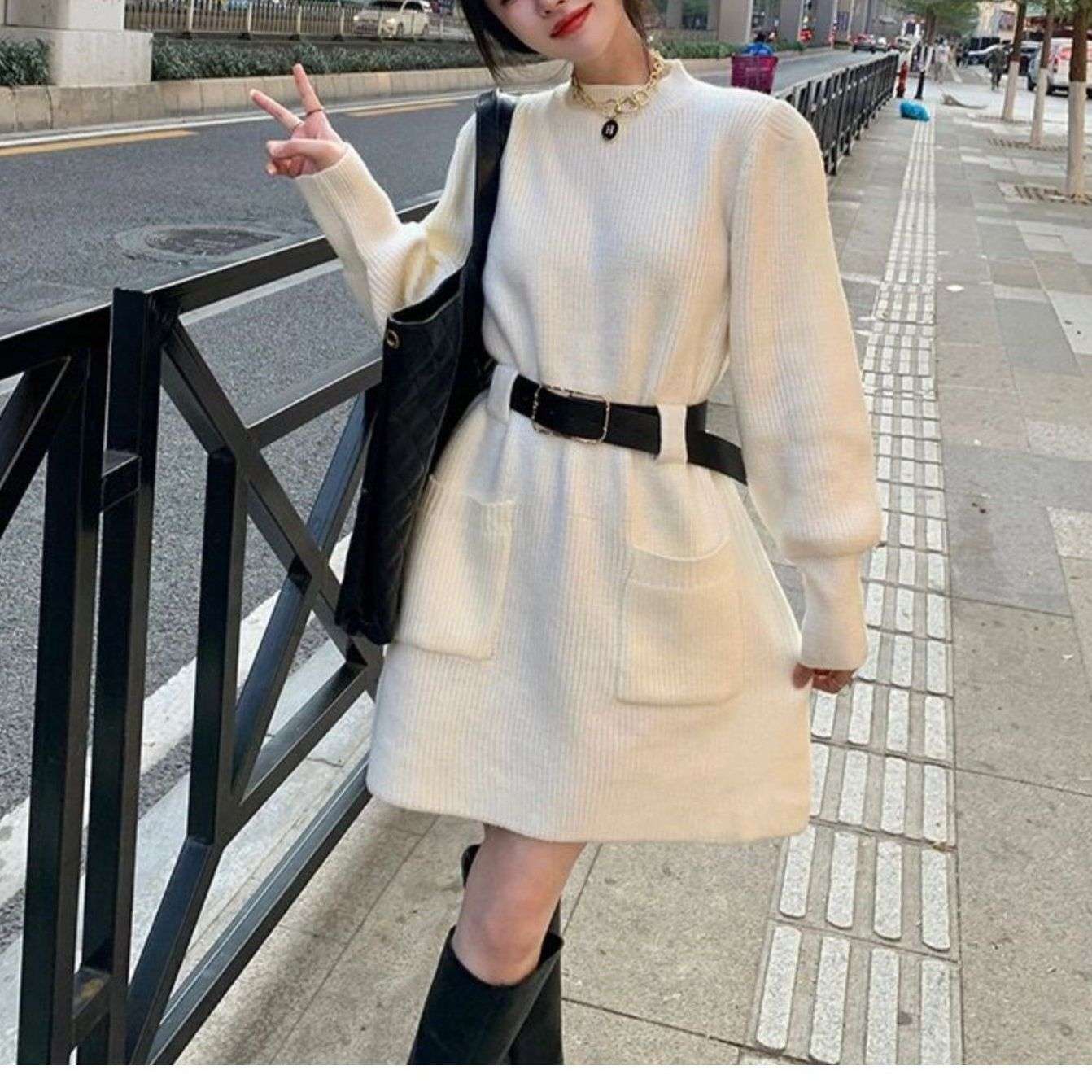 ロングワンピース ゆるふわベルト付きニットワンピース