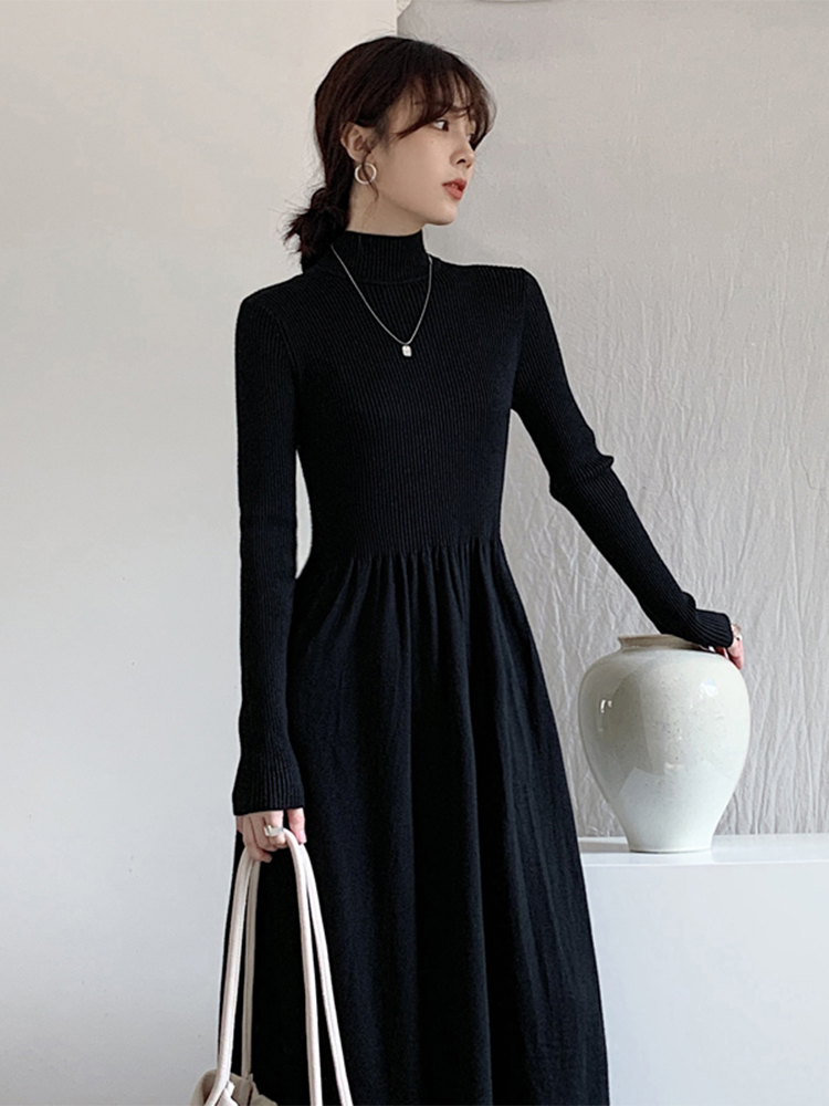 ロングワンピース タートルネック リブニット切替タートルネックロングワンピース