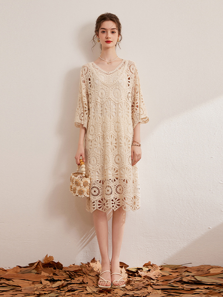 ロングワンピース レース 花咲く幻想レース透かしワンピース