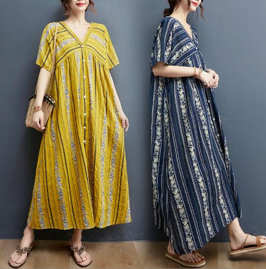 花柄ストライプVネックフレアロングワンピース