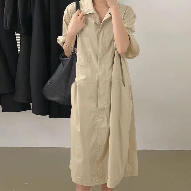 ロングワンピース シャツ 襟付きロールアップ袖ロングシャツワンピース