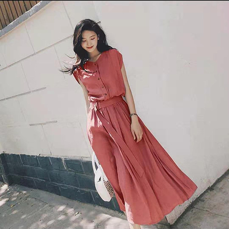 ロングワンピース シャツ ベルト付きフレンチスリーブシャツワンピース