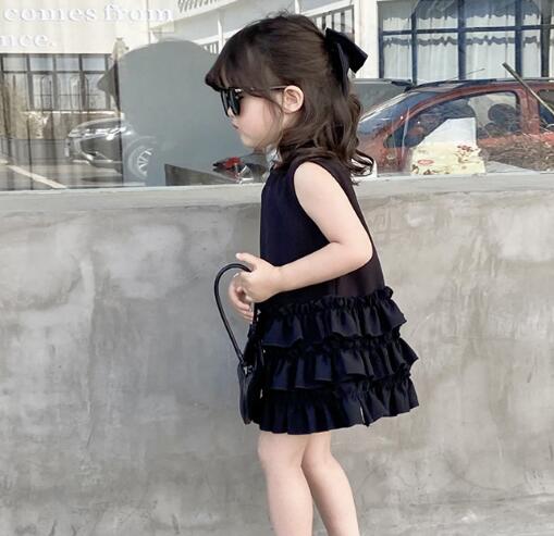 キッズ女の子ロングワンピース　多段フリル　ネイビー　90-140センチ