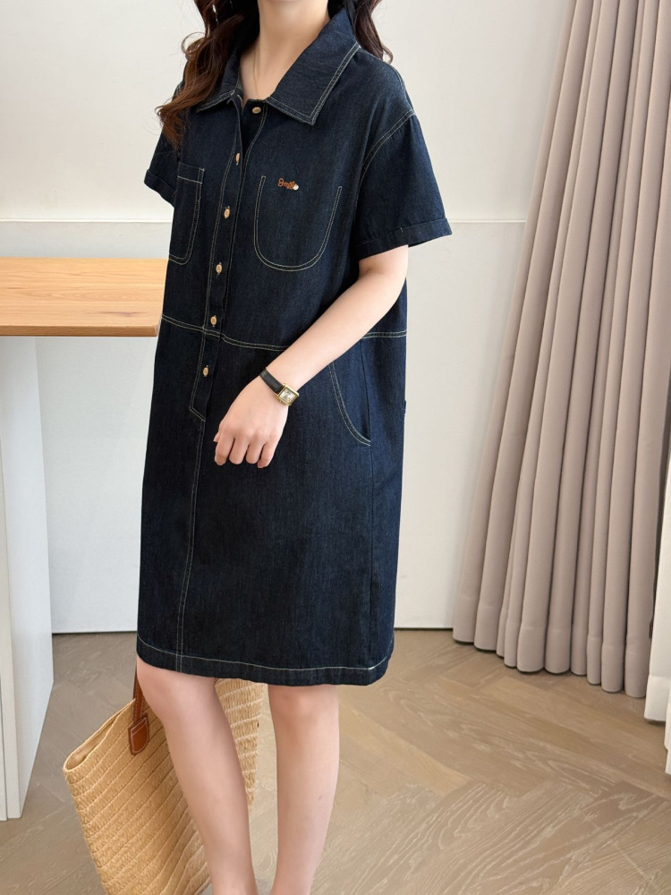 ロングワンピース デニム シンプル半袖シャツワンピース
