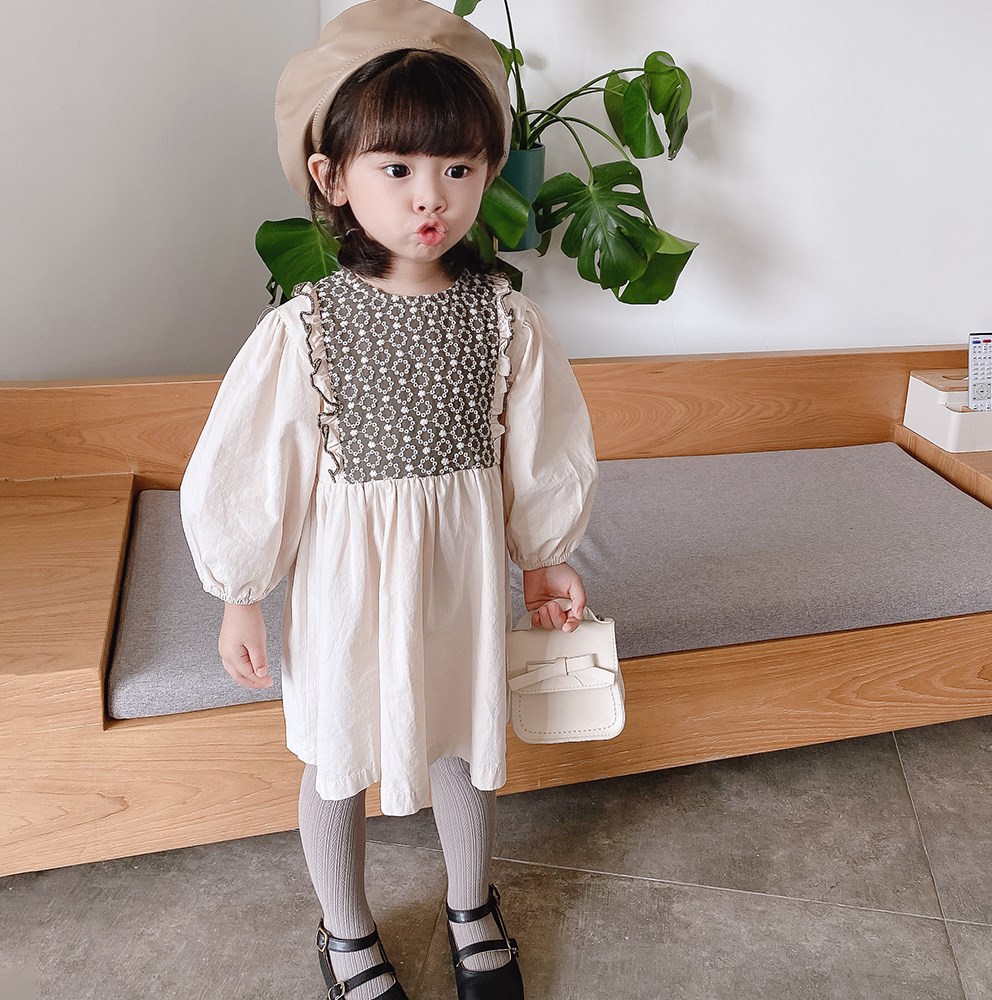 韓国風キッズ女の子花柄刺繍長袖ロングワンピース