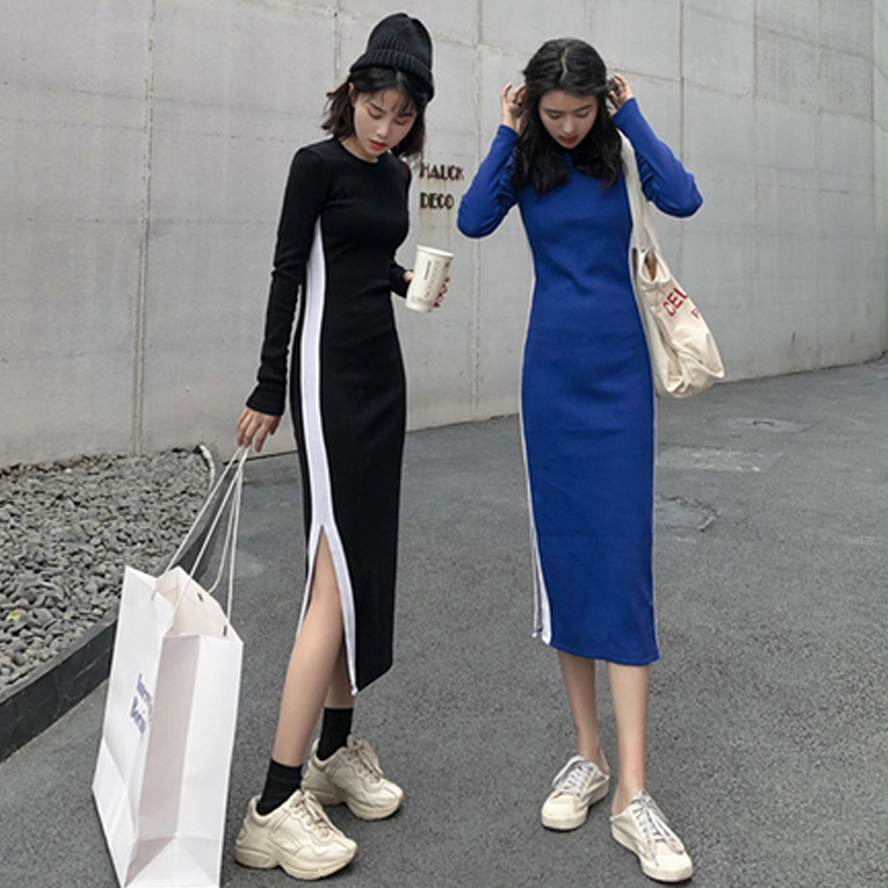 ロングワンピース スウェット サイドライン入りハイネックスウェットロングワンピース