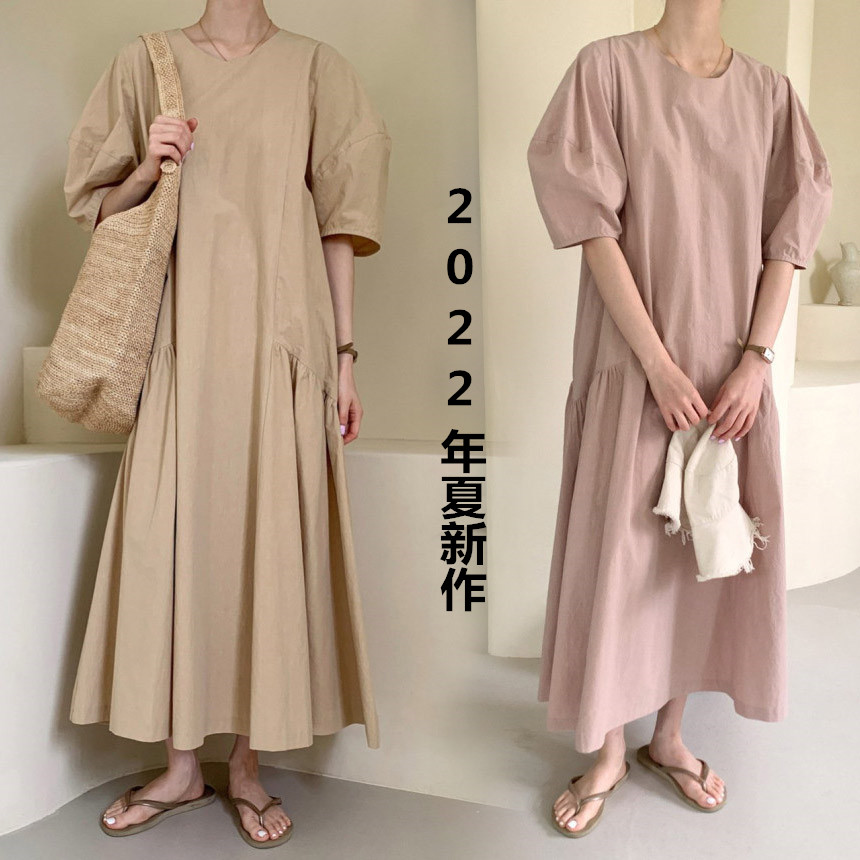 プリーツロングワンピース 夏新作 半袖 体型カバー 着回し