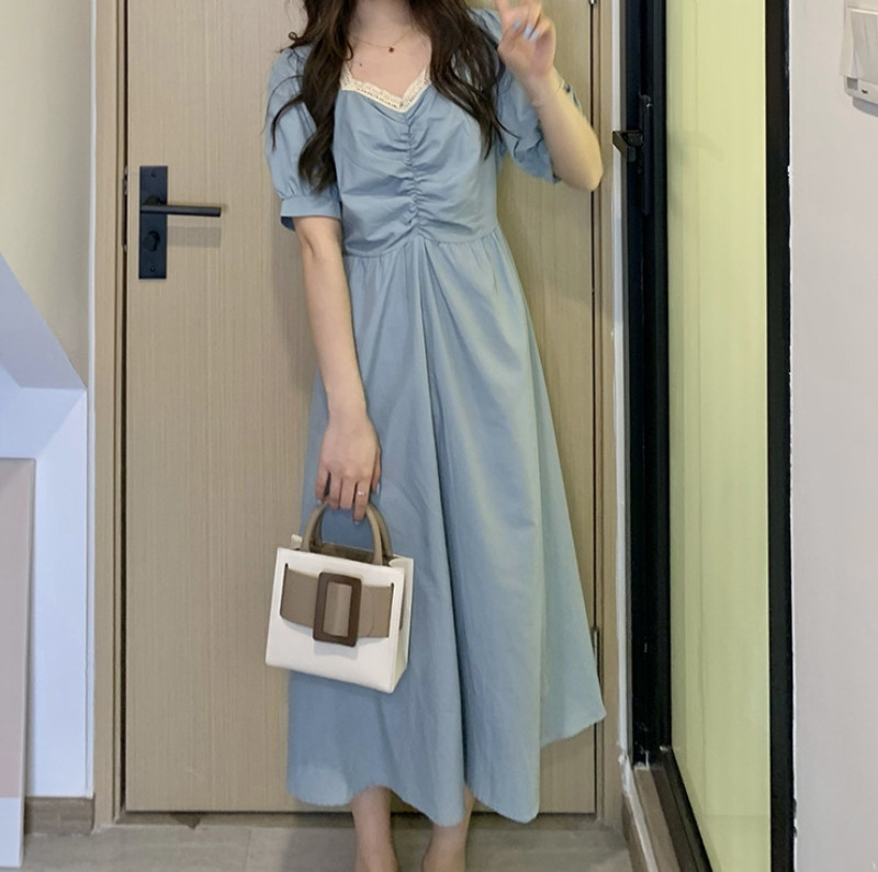 ロングワンピース シャツ レース襟付きパフスリーブシャーリングロングワンピース