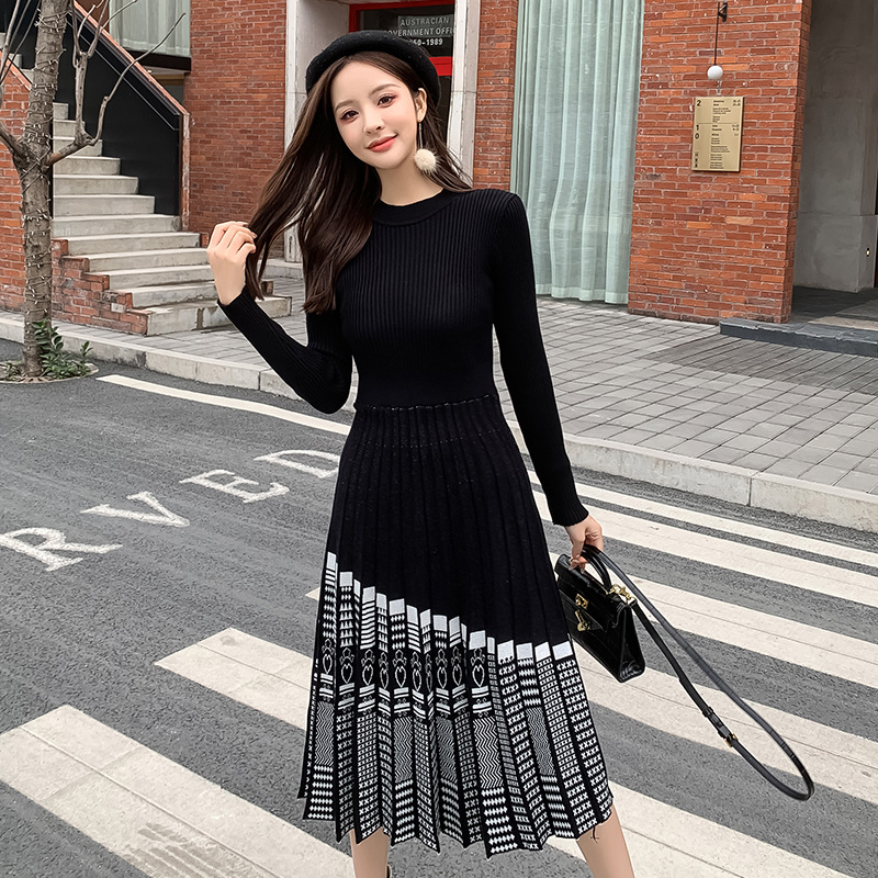 ロングワンピース 韓国風ニット切替プリーツワンピース 大人可愛い秋冬着痩せ