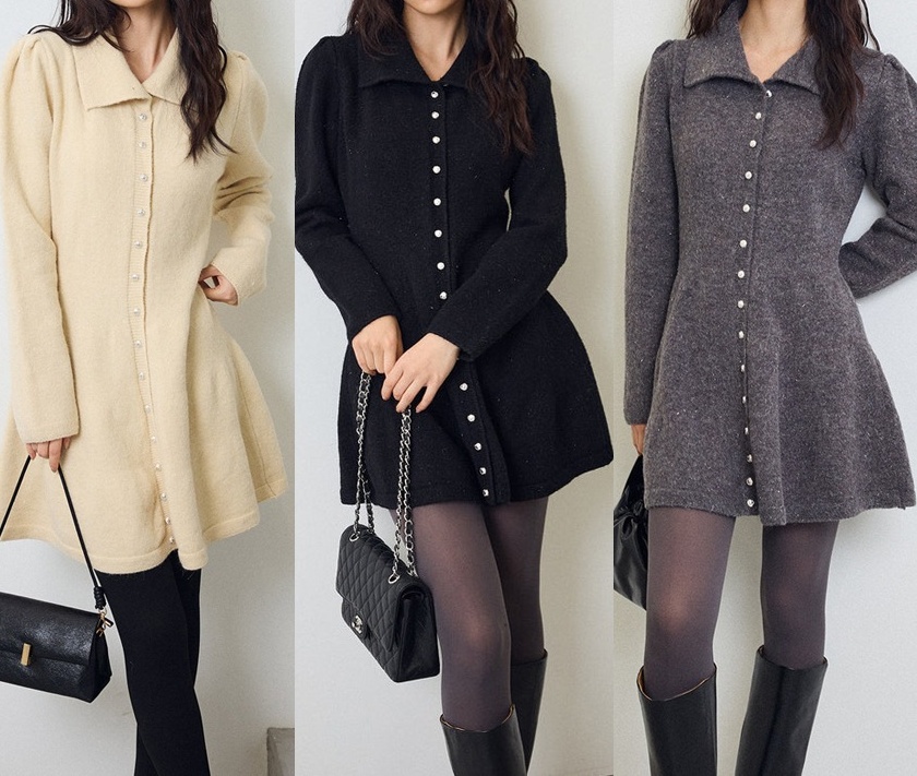 ロングワンピース 秋冬新作ポロシャツワンピース高級感ニット素材