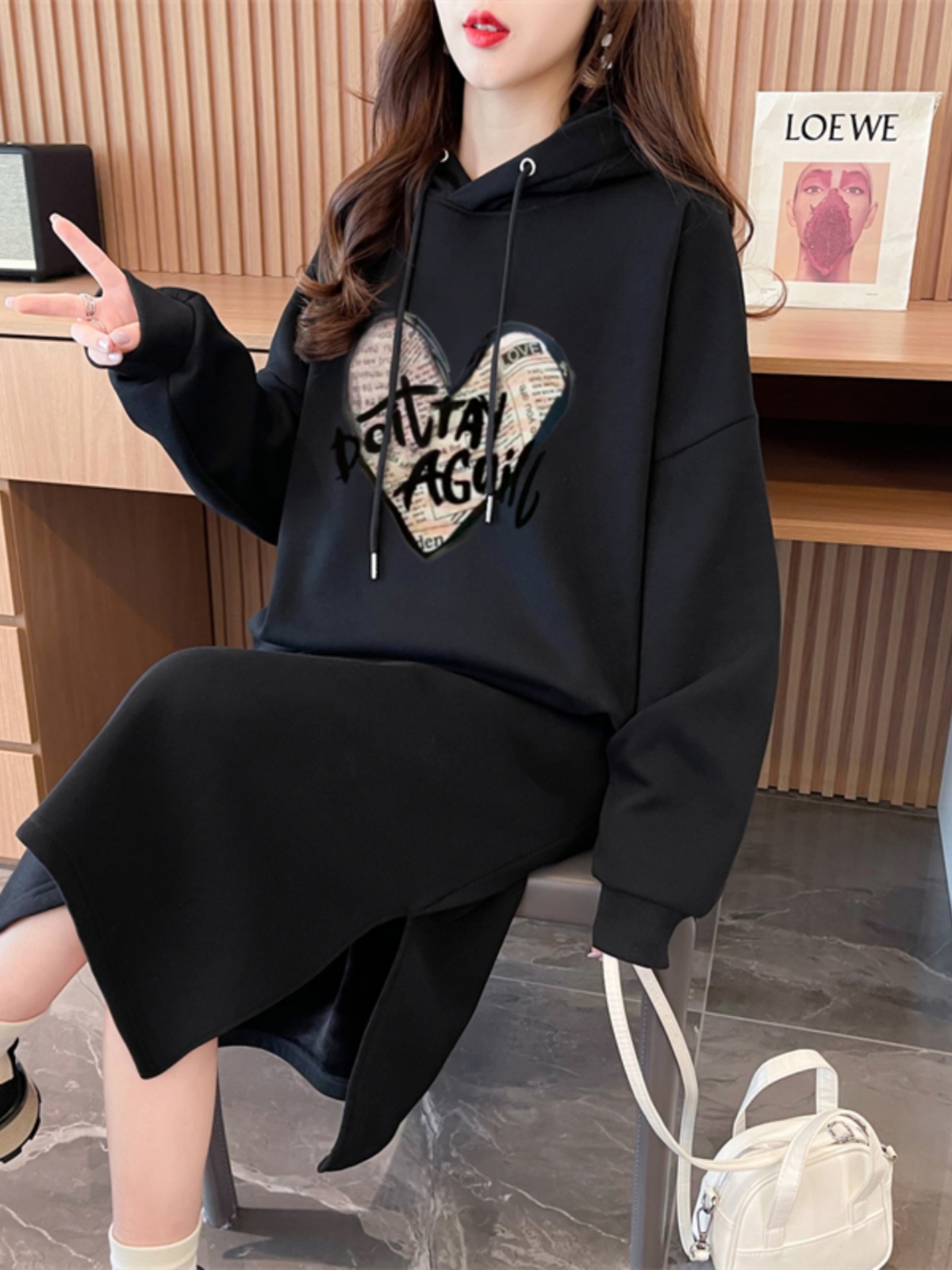 ロングワンピース スウェット ハートロゴ ゆったりパーカーワンピース