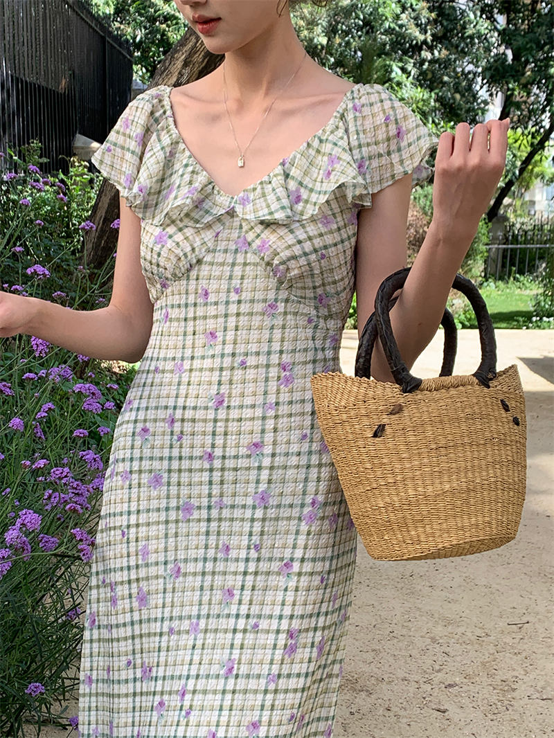 春夏新作 花柄チェック柄フリル袖ロングワンピース