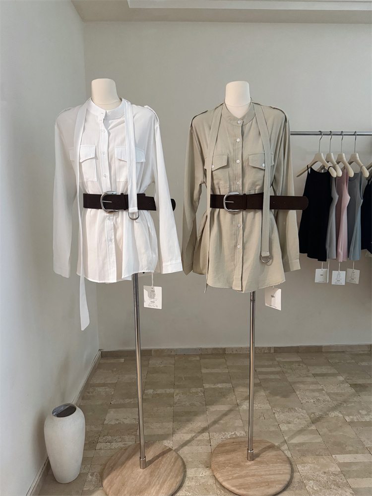 ロングワンピース 新色登場 復古風ミニ丈シャツワンピース 長袖ベルト付き