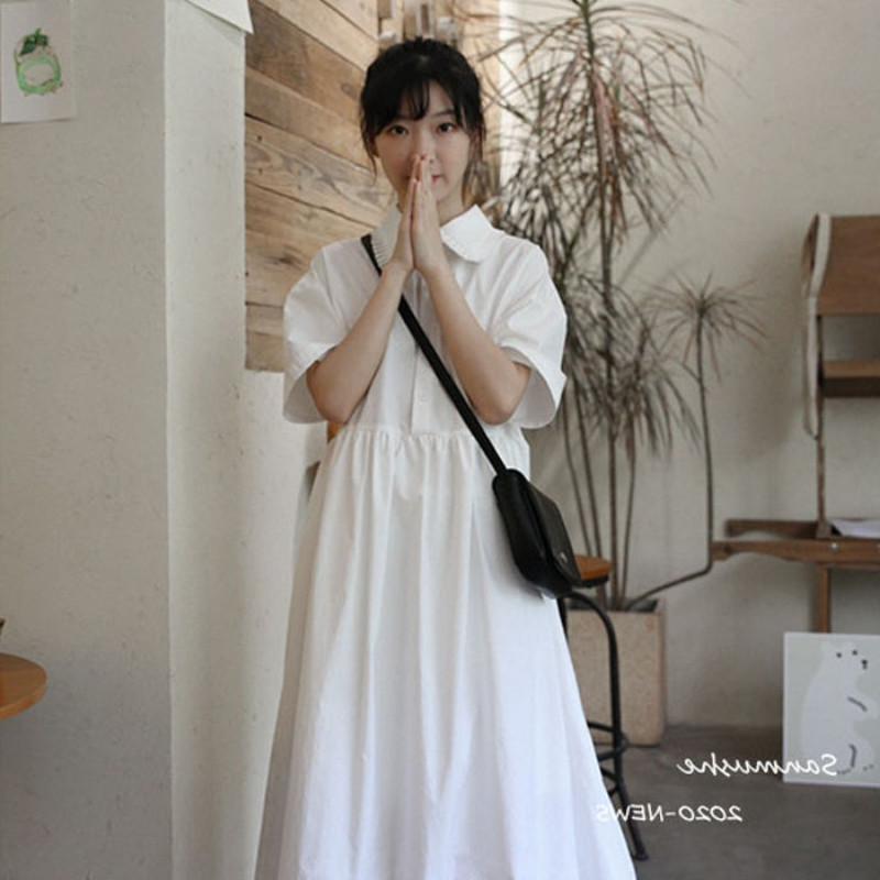 ロングワンピース シャツ 丸襟フリル裾半袖ロングワンピースシャツ