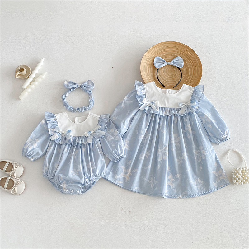 ロングワンピース ベビー春新作　姉妹お揃い花柄　長袖ロンパース・ワンピース