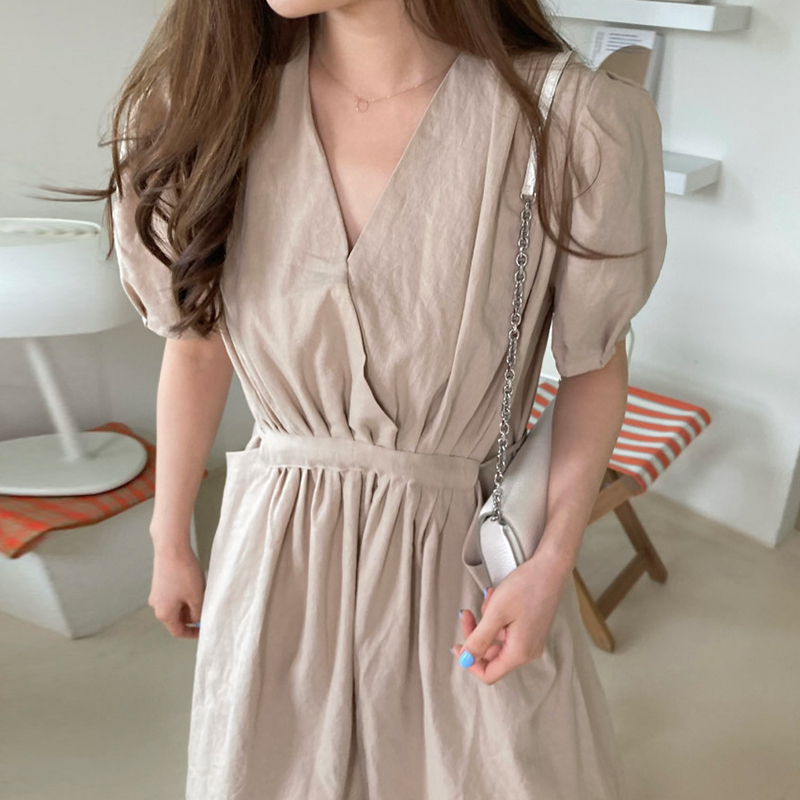 ロングワンピース シャツ 深V領ギャザーウエストバルーン袖ロングワンピース