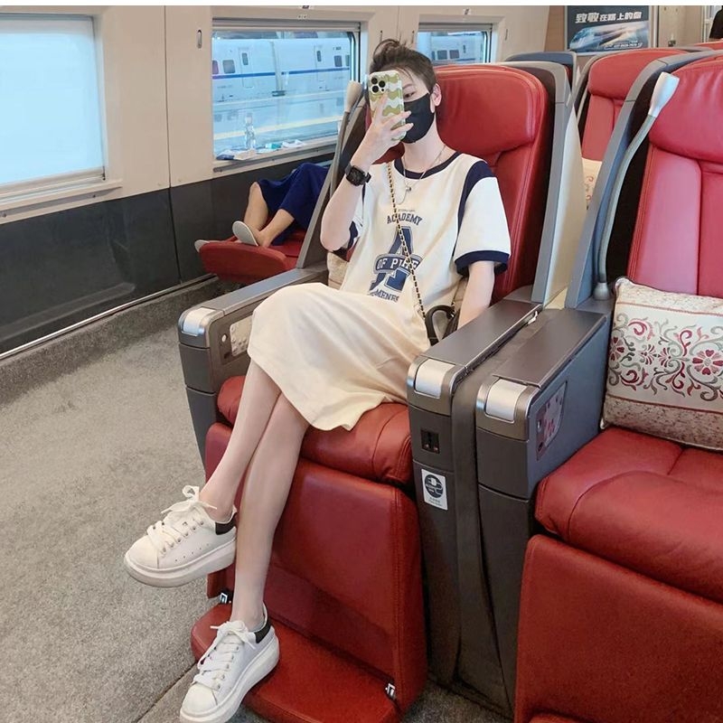 ロングワンピース スウェット 配色袖文字ロゴプリントノースリーブロングワンピース