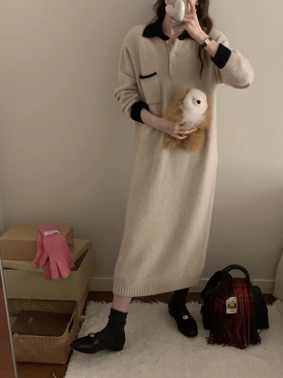 ロングワンピース お上品モールカラーあったかニットワンピース