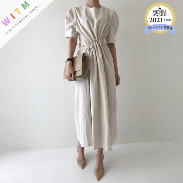 韓国風フレアロングワンピース 半袖ウエストリボン 大人可愛い