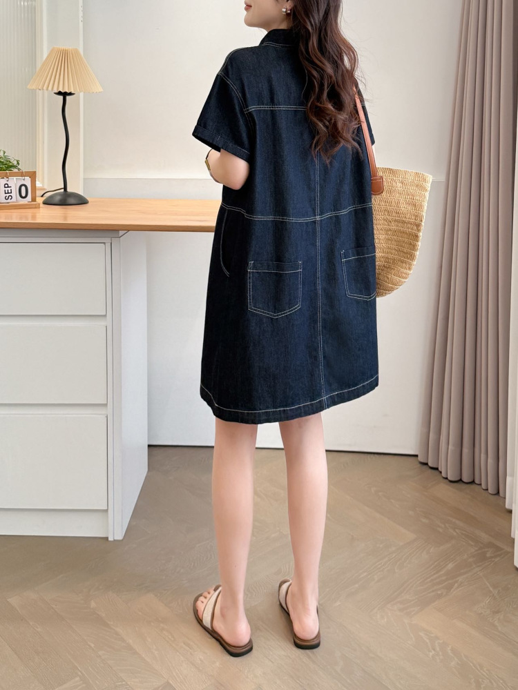 ロングワンピース デニム シンプル半袖シャツワンピース