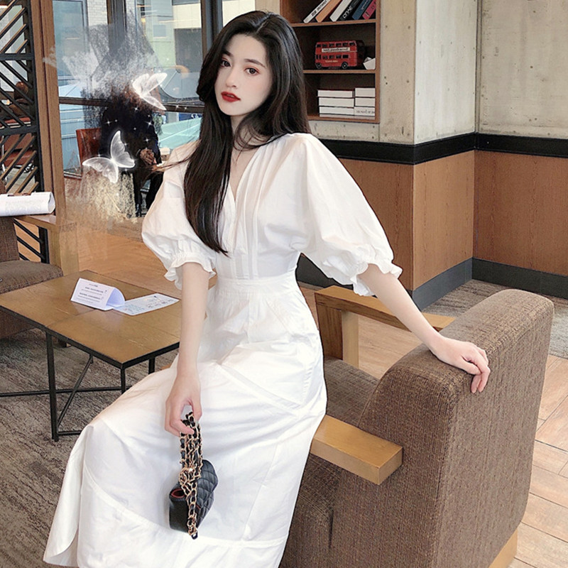 ロングワンピース シャツ パフスリーブ襟付きウエストマークロングワンピース