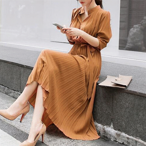 ロングワンピース 春新作 レディース プリーツ シャツワンピース 通勤 デート