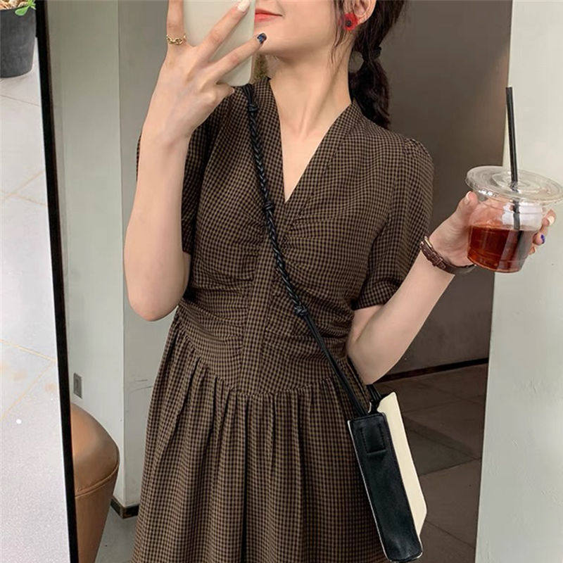 ロングワンピース シャツ 襟元ギャザー入り半袖格子柄ロングワンピース
