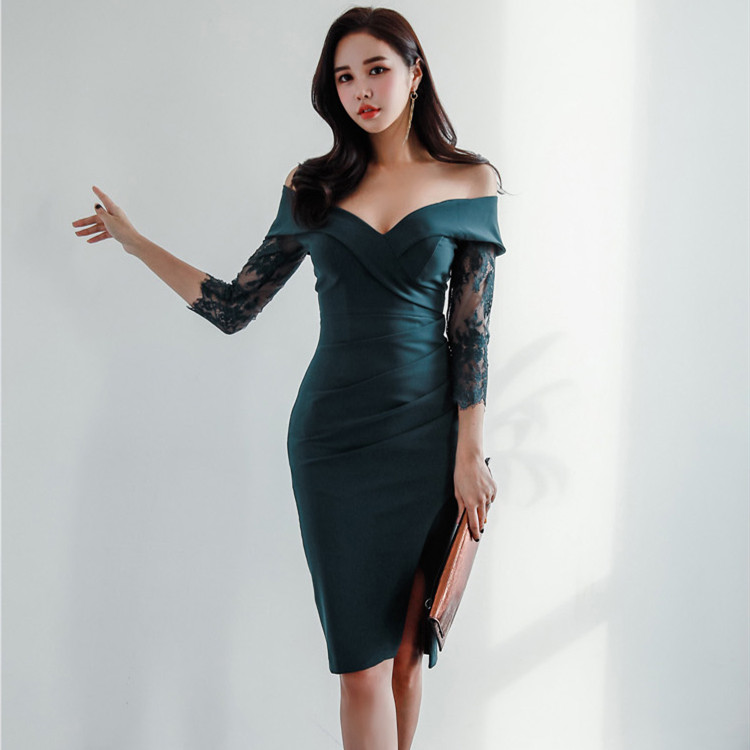 ロングワンピース フォーマル オフショルダー レース袖 パーティー ドレス ワンピース