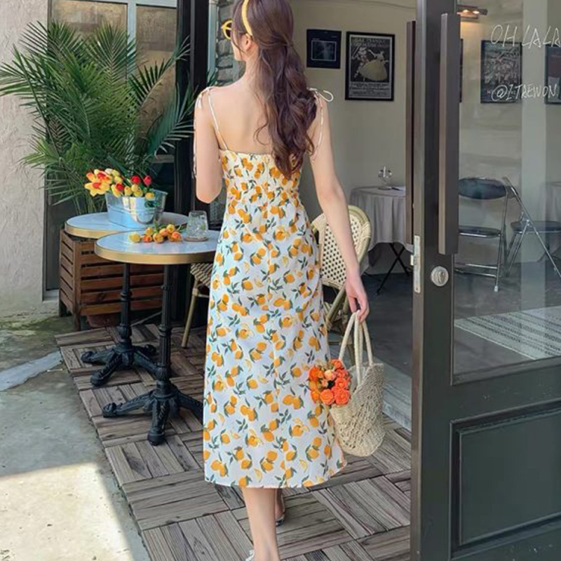 ロングワンピース キャミ 花柄プリント胸元リボン付きロングキャミソールワンピース