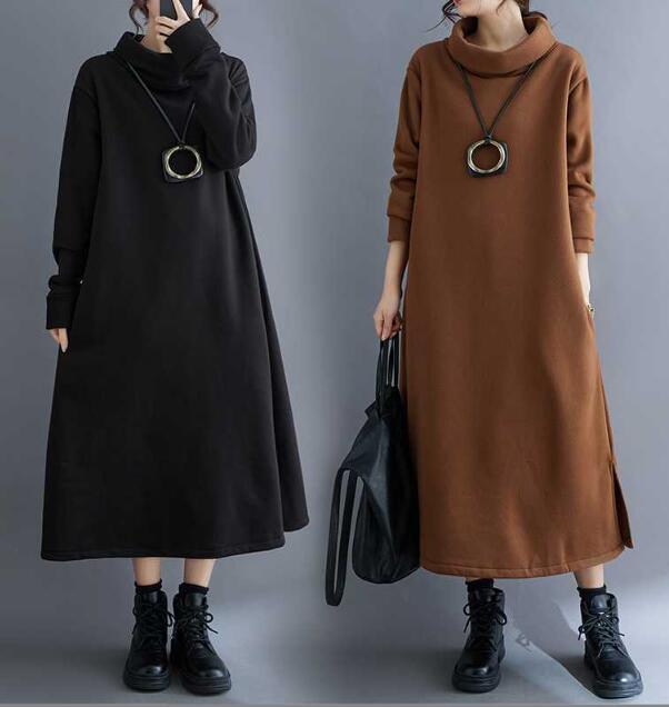 韓国風厚手タートルネックフレアロングワンピース