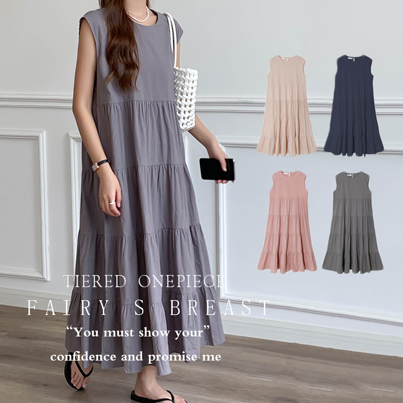 ロングワンピース 2024新作 レディース ノースリーブ ティアード ロング ワンピース 体型カバー