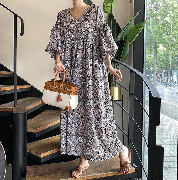 ロングワンピース 民族風シャツワンピース ロング丈 ふんわり袖 ブイネック