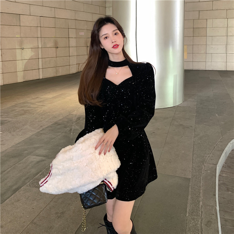 ロングワンピース ベルベット フレア ワンピース 黒 上品 パーティー 総会