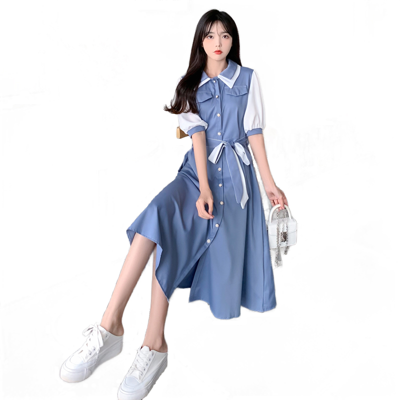 配色切替え襟付きウエストリボンロングワンピース