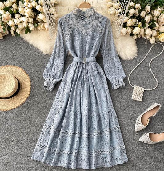 春の新生活レース刺繍フレアロングワンピース