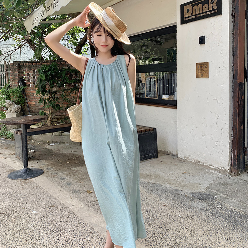 ロングワンピース キャミ 涼感ギャザーネックロングキャミワンピース