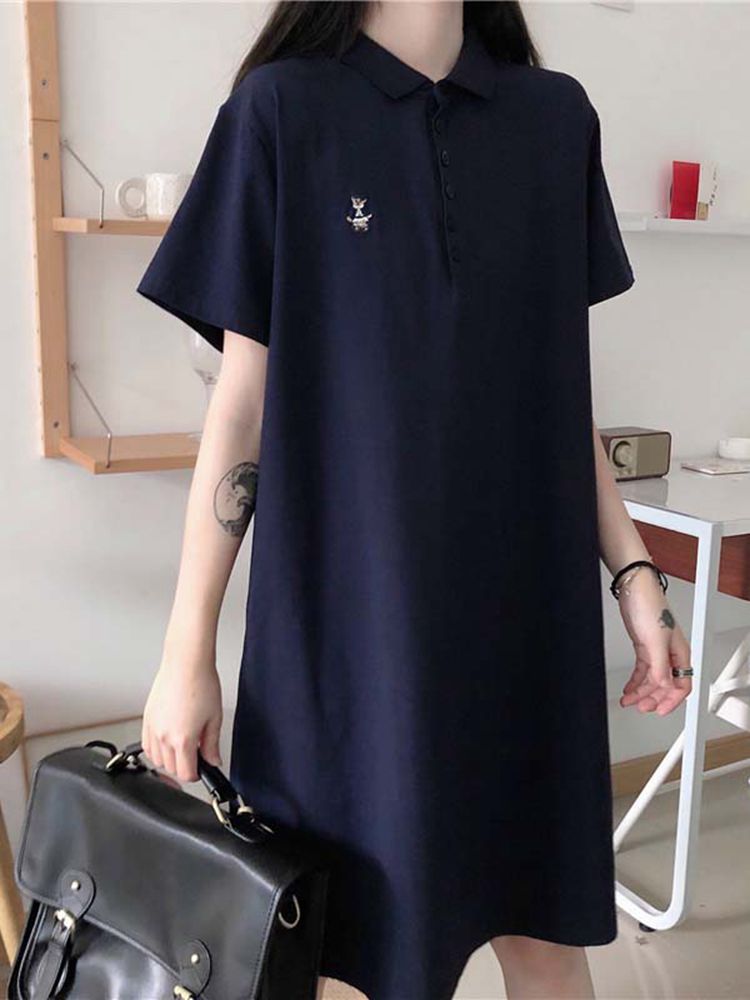 ロングワンピース ポロシャツ 襟付き半袖ゆったりシルエット膝丈ワンピース