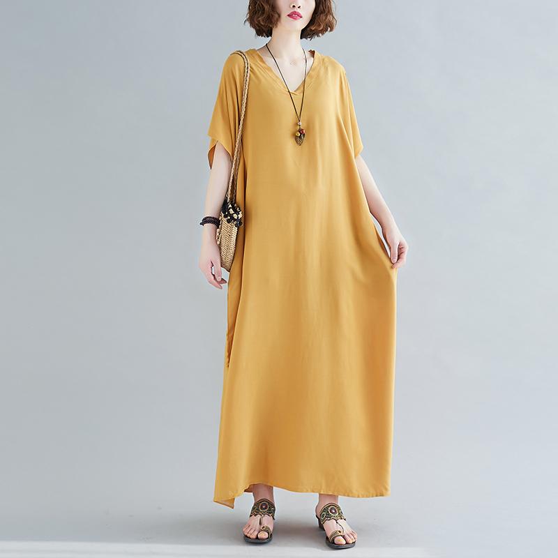 ロングワンピース 春夏新作 レディース 無地 半袖 マキシ ワンピース ゆったり