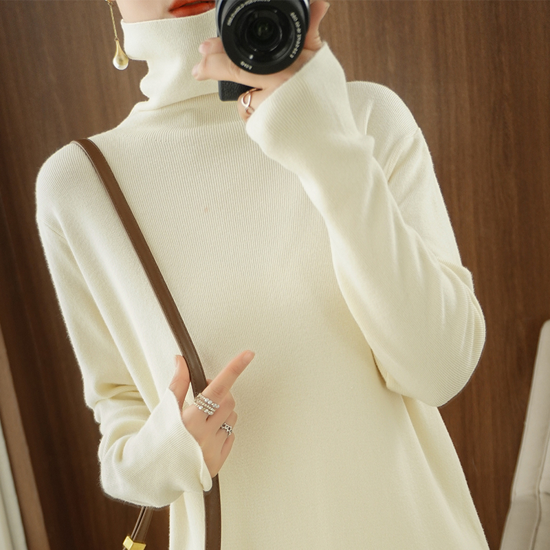 ロングワンピース タートルネック 上品リブ編みタートルネック長袖ワンピース