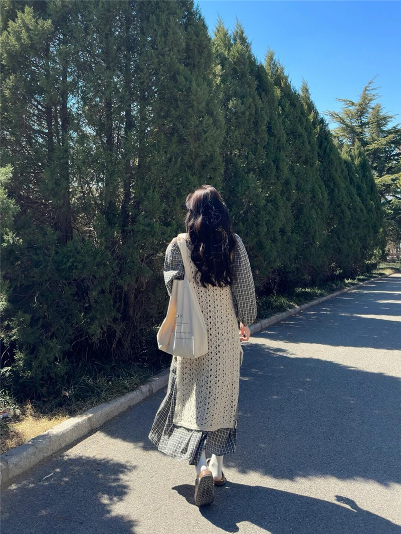 ロングワンピース 2024新作 レディース ノースリーブ ワンピース チェック柄 透かし編み レイヤード