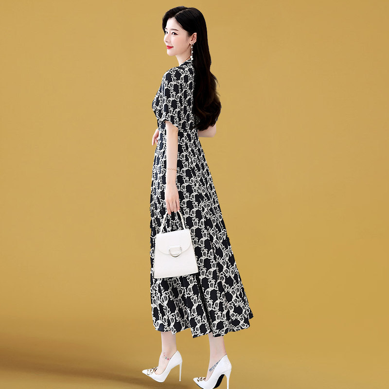 ロングワンピース シャツ チェーン柄プリント五分袖シャツワンピース