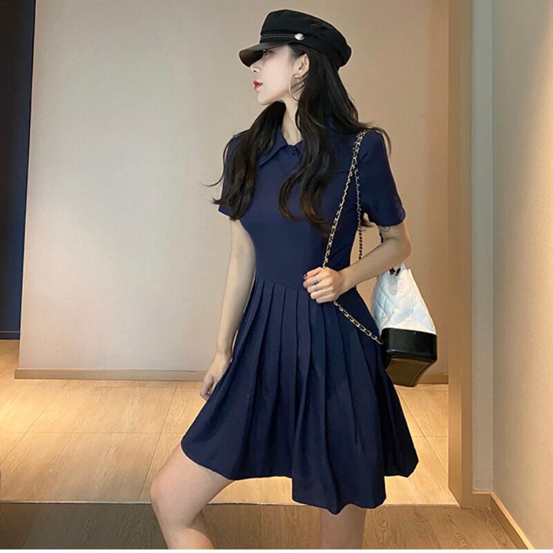 ロングワンピース ポロシャツ 襟付きプリーツスカート半袖ワンピース